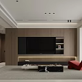 Modern Living And Dining Room Interior With Wooden TV Wall Red Sofa And Coffee Table