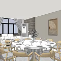 Elegant Private Dining Room Interior With Round Table Tableware Chairs And Decorative Paintings 3d model