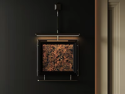 Abstract Painting on Dark Wall with Modern Pendant Light and Black Metal Frame 3d model