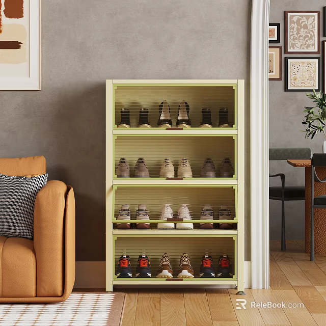 Light Green Multi Tiered Shoe Cabinet With Organized Shoes In Living Room 3d model 