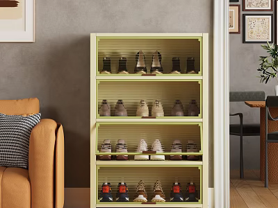 Light Green Multi Tiered Shoe Cabinet With Organized Shoes In Living Room 3d model