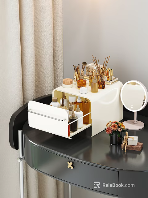 White Sideboard With Open Drawer Holding Bottles Jars Mirror Flower Bouquet Decorative Items 3d model 