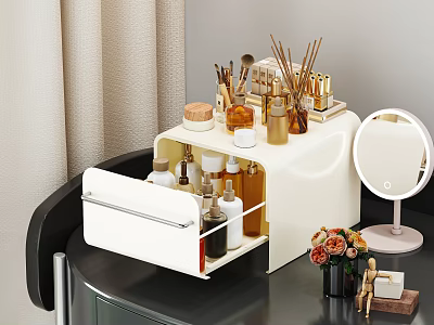 White Sideboard With Open Drawer Holding Bottles Jars Mirror Flower Bouquet Decorative Items 3d model