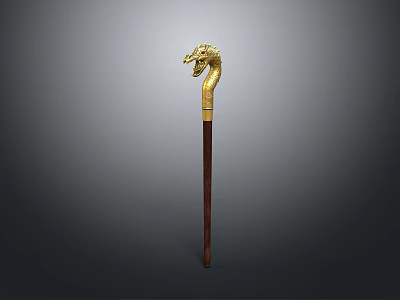 Ancient Decorative Weapon with Golden Dragon Head Handle and Wooden Shaft in Traditional Ornate Design 3d model