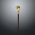 Ancient Decorative Weapon with Golden Dragon Head Handle and Wooden Shaft in Traditional Ornate Design