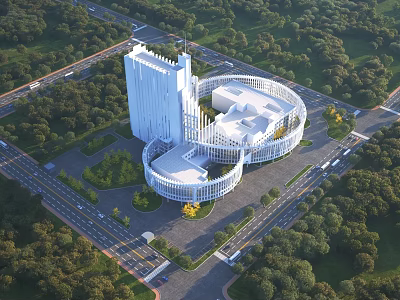 Modern Office Building With Unique Circular Architecture Surrounded By Greenery And Roads In Urban Area 3d model