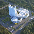 Modern Office Building With Unique Circular Architecture Surrounded By Greenery And Roads In Urban Area