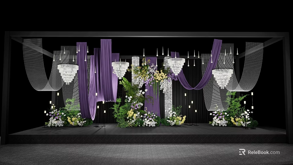 Elegant Wedding Ceiling Design with Purple Drapes Crystal Chandeliers and Floral Arrangements 3d model 