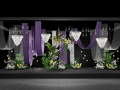 Elegant Wedding Ceiling Design with Purple Drapes Crystal Chandeliers and Floral Arrangements 3d model