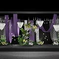 Elegant Wedding Ceiling Design with Purple Drapes Crystal Chandeliers and Floral Arrangements