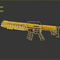 Futuristic Yellow Weapon With Multiple Circular Cylinders Black Grip And Stand 3d model