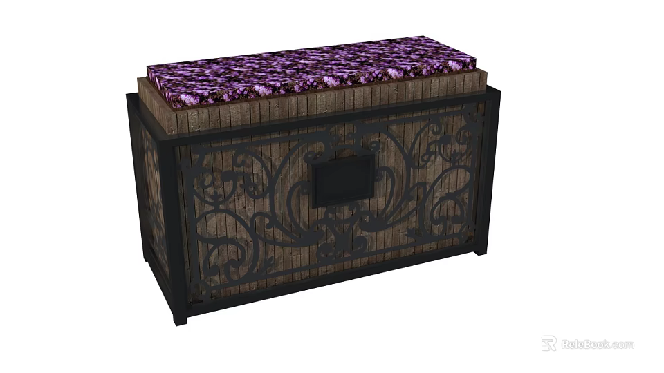 Garden Decorative Wooden Box With Black Iron Scrollwork And Purple Floral Top 3d model 