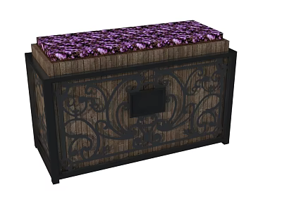 Garden Decorative Wooden Box With Black Iron Scrollwork And Purple Floral Top 3d model