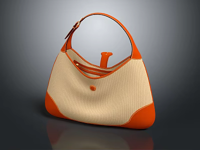 Chic Beige And Orange Top Handle Handbag Featuring Canvas Leather Details 3d model