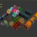 Industrial Machinery Equipment With Various Components Including Blue Boxes Orange Cylinders Wheels And Circular Parts