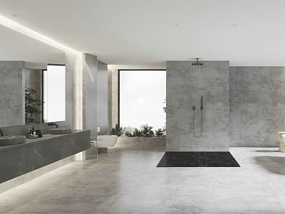 Modern Bathroom Interior Design With Gray Tone Marble Countertop Shower Area And Large Window 3d model