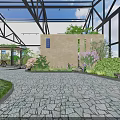 Stunning Indoor Landscape Design With Glass Roof Metal Frame Stone Path And Lush Greenery
