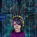 Cyberpunk Game Movie Character With Mechanical Headgear Headphones Antennas Purple Outfit Tech Screens And Gears