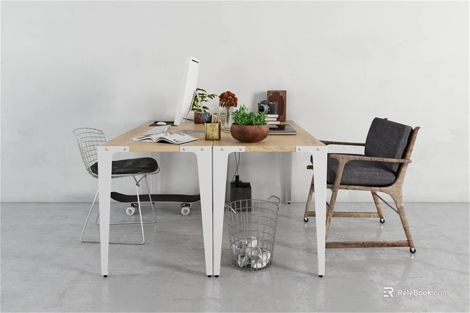 Modern Office Desk With White Frame Wooden Top Monitor Plant Books And Two Chairs 3d model 