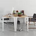 Modern Office Desk With White Frame Wooden Top Monitor Plant Books And Two Chairs