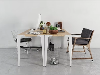 Modern Office Desk With White Frame Wooden Top Monitor Plant Books And Two Chairs 3d model
