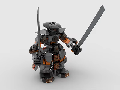 Building Blocks Mecha Warrior Figure With Two Swords Gray And Orange Design 3d model