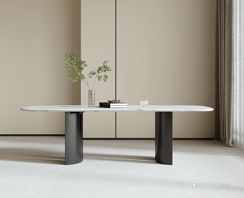 Oval Marble Top Dining Table With Black Legs And Plant In Vase In Minimalist Room 3d model 