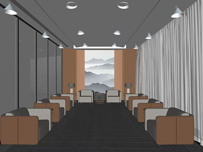 Modern Hotel Public Lounge With Comfortable Sofas Seats And Mountain Painting Background 3d model