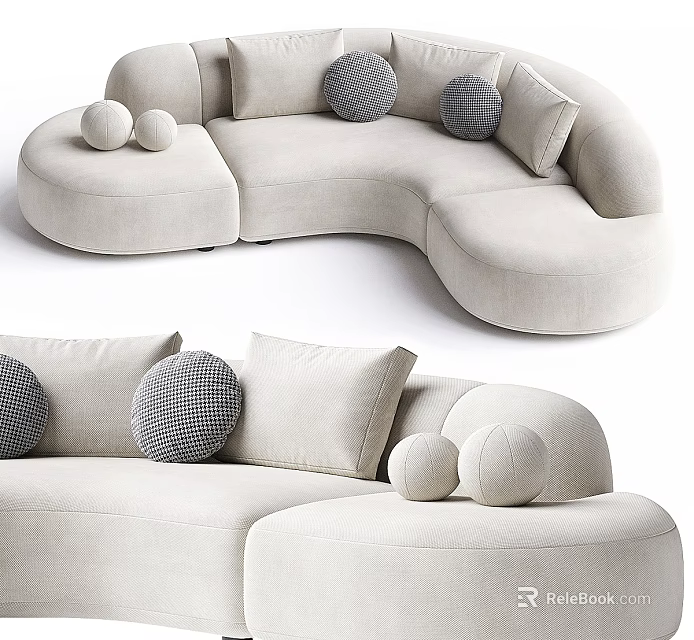 Beige Sectional Sofa with Round Cushions Decorative Pillows and Modern Curved Shape Design 3d model 