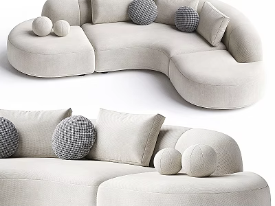 Beige Sectional Sofa with Round Cushions Decorative Pillows and Modern Curved Shape Design 3d model
