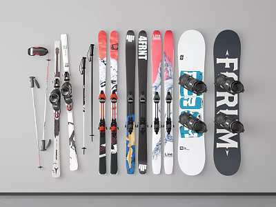 Ski Sports Equipment Including Skis Poles and Bindings in Diverse Styles 3d model
