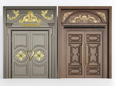 Elegant Ornate Entrance Doors With Golden Carvings Grey And Brown Designs 3d model