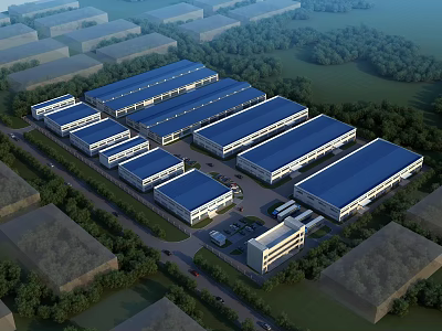 Industrial Factory Complex with Multiple Blue Roof Buildings Green Surroundings and Parking Area Layout 3d model