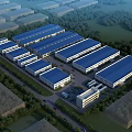 Industrial Factory Complex with Multiple Blue Roof Buildings Green Surroundings and Parking Area Layout