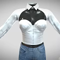 White Shirt With Black Patent Leather Corset And Blue Jeans Holding White Undergarment