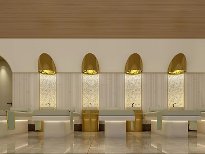 Luxury SPA Sauna Interior With Arched Design Wooden Ceiling And Relaxation Beds 3d model