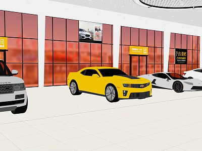 Car Dealership Showroom Featuring Yellow Sports Car And White Vehicles 3d model