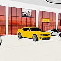 Car Dealership Showroom Featuring Yellow Sports Car And White Vehicles