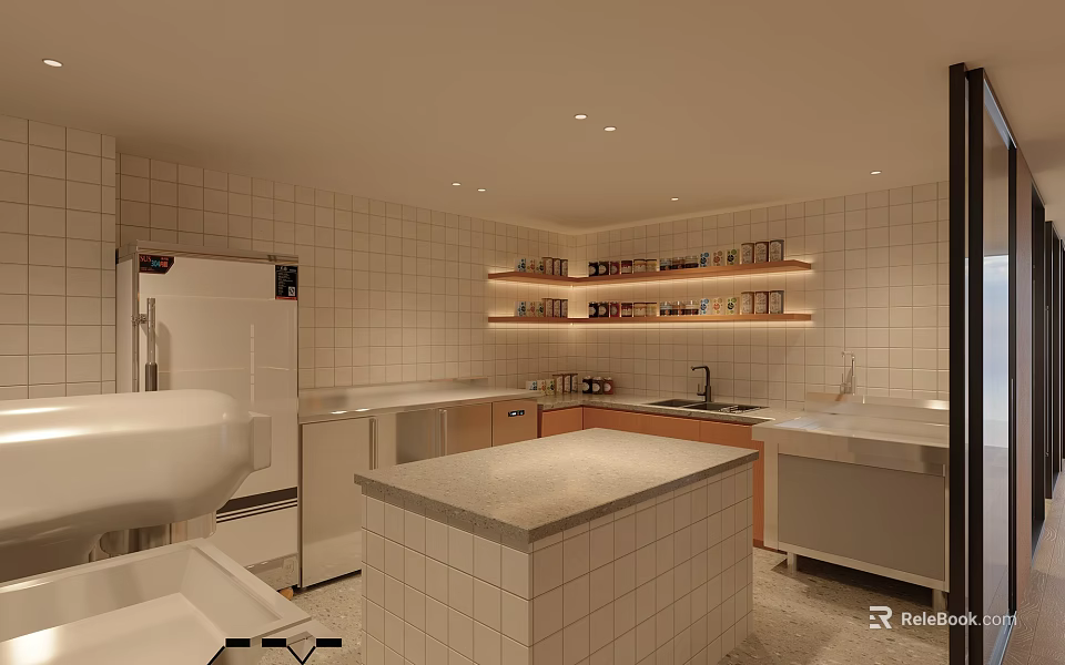 Contemporary Kitchen Interior With White Tiled Walls Open Shelves Spices And Island Counter 3d model 