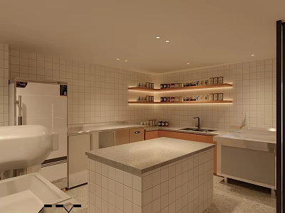 Contemporary Kitchen Interior With White Tiled Walls Open Shelves Spices And Island Counter 3d model