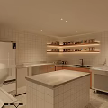 Contemporary Kitchen Interior With White Tiled Walls Open Shelves Spices And Island Counter