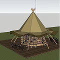 Outdoor Garden Landscape With Tent Structure Wooden Deck Bookshelves And String Lights