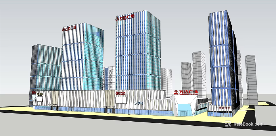 Modern Commercial Office Building Complex with Glass Curtain Walls in Wanda Plaza Urban Area 3d model 