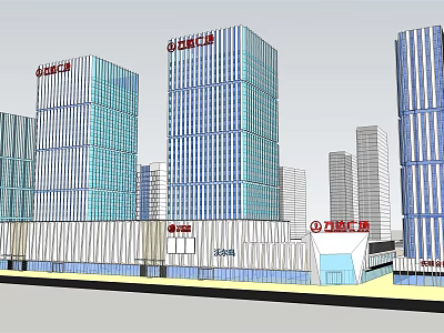 Modern Commercial Office Building Complex with Glass Curtain Walls in Wanda Plaza Urban Area 3d model