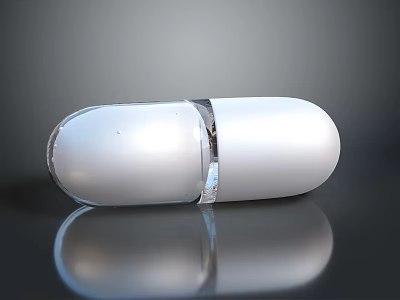 Shiny White Food Capsule Placed On Black Reflective Surface With Smooth Texture 3d model