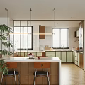 Open Modern Kitchen with Green Cabinets White Countertop Island Pendant Lights Window Blinds and Plants