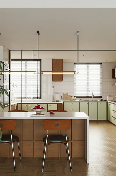 Open Modern Kitchen with Green Cabinets White Countertop Island Pendant Lights Window Blinds and Plants 3d model