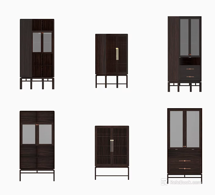 Dark Wood Decorative Cabinets With Glass Doors Drawers And Metal Stand Legs 3d model 