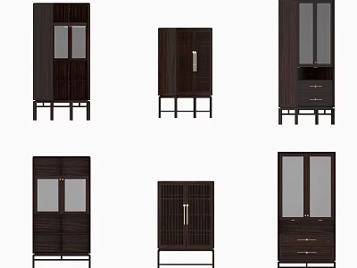 Dark Wood Decorative Cabinets With Glass Doors Drawers And Metal Stand Legs 3d model