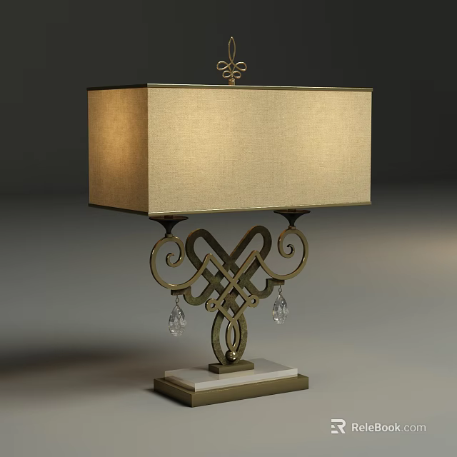 Elegant Table Lamp With Golden Fabric Lampshade Metal Curly Design Marble Base And Crystal Pendants 3d model 